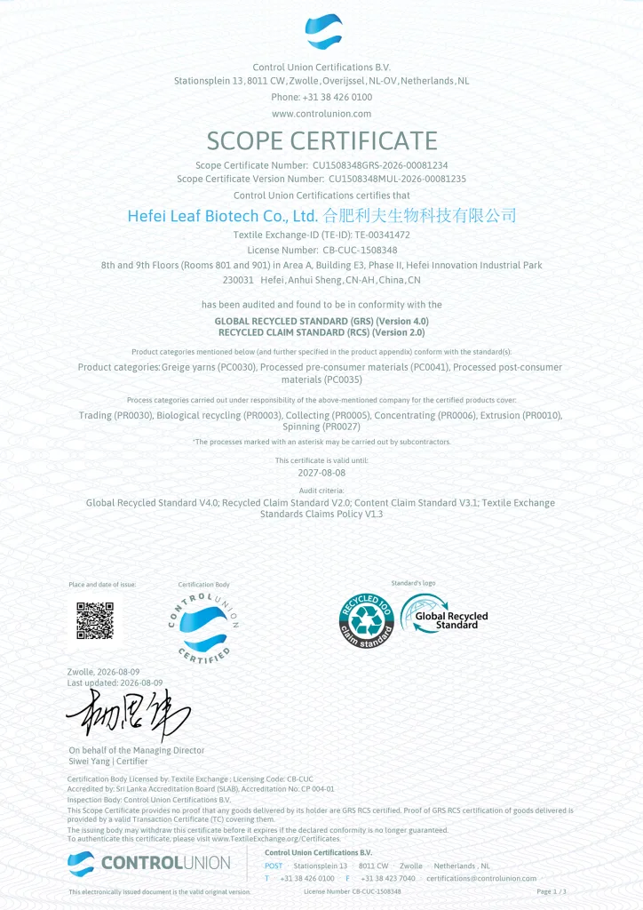 Leaf Bio GRS certification